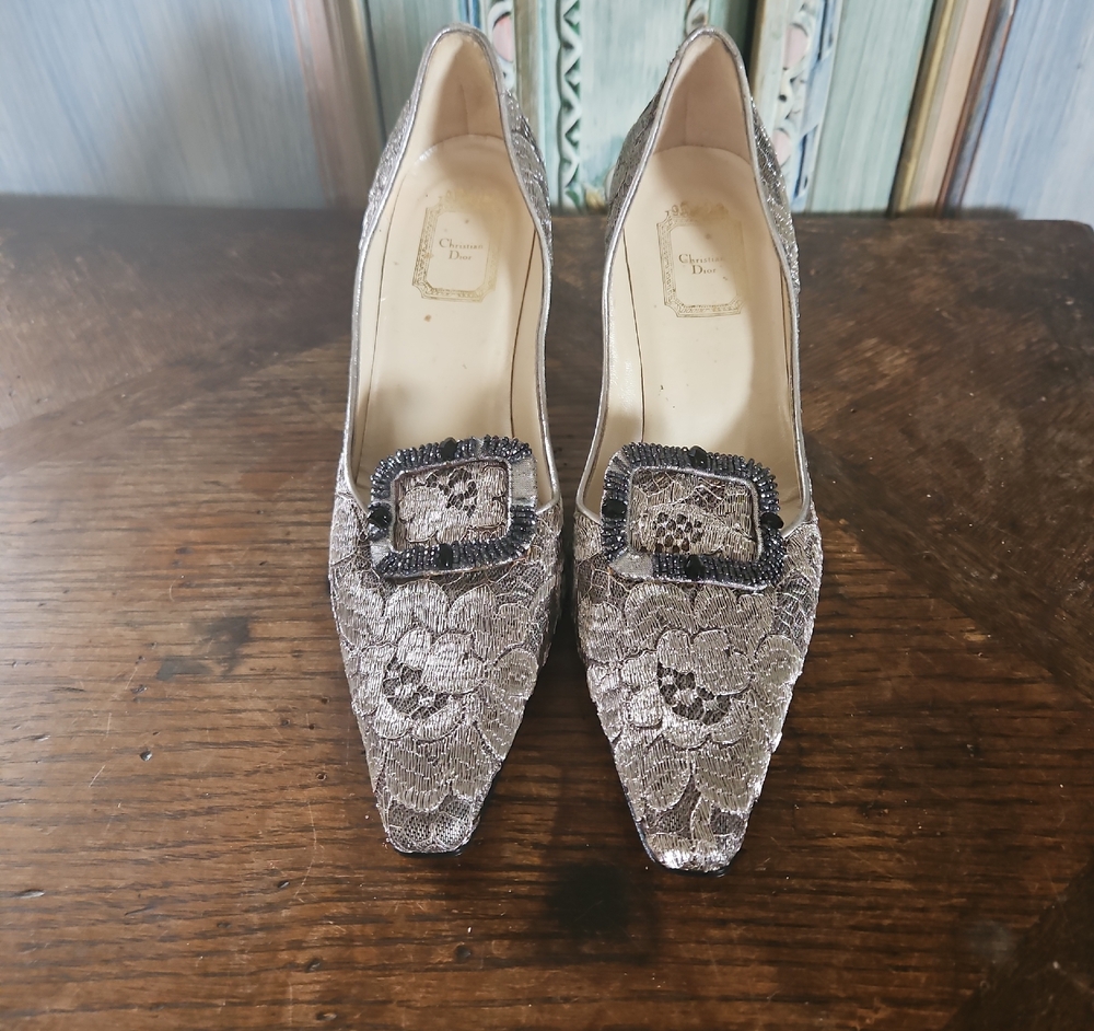 Dior Silver Lace Heels with Buckle